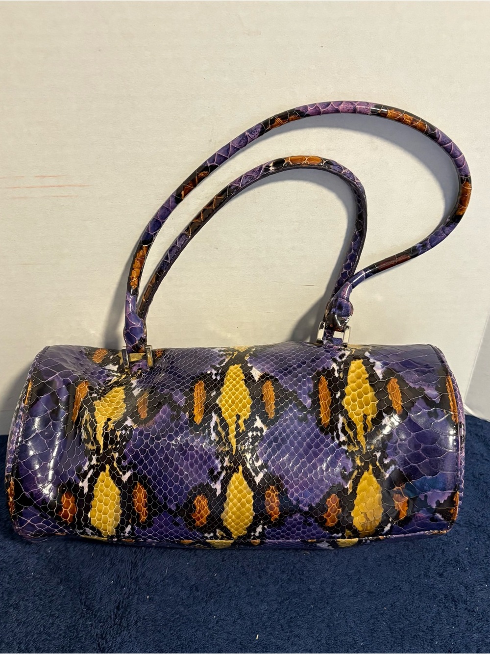 Danier Vivid Purple Python Print Italian Leather Barrel Cylindrical Shoulder Bag